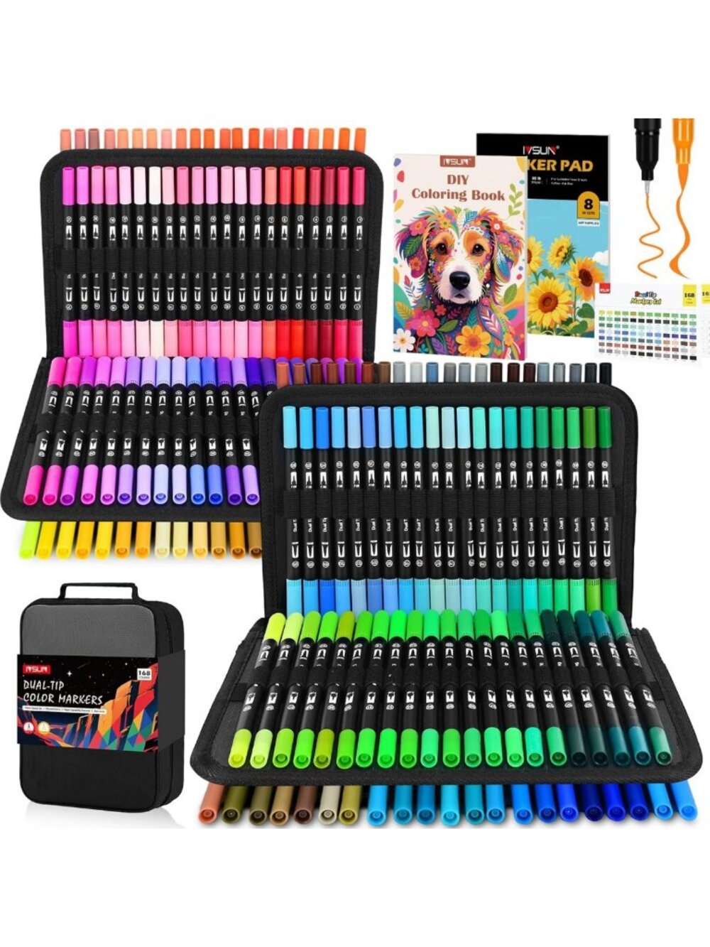 168 Colors Dual Tip Watercolor Markers Set - Brush & Fine Tips with Carry Bag
